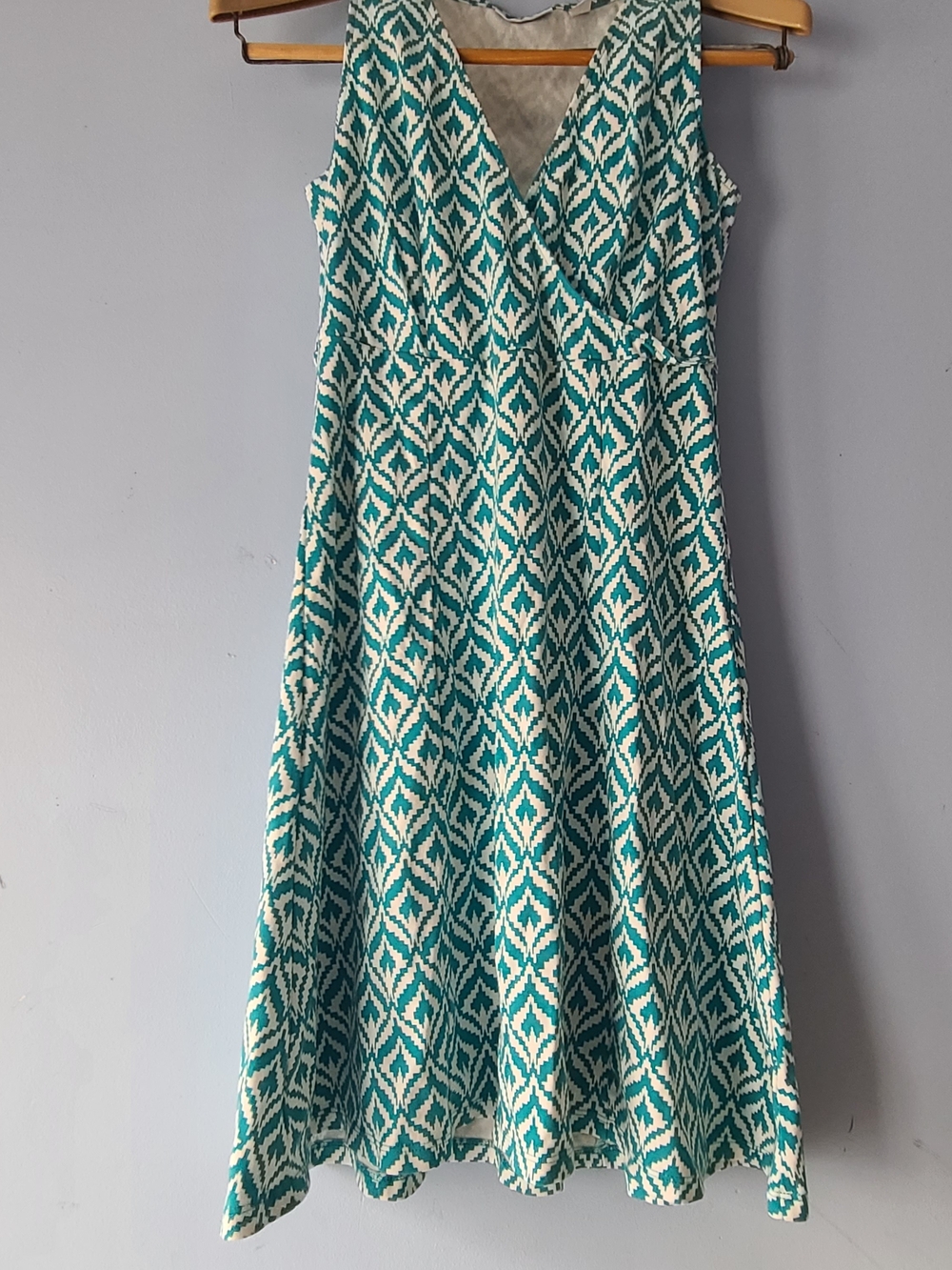 Teal and Cream Geometric Sleeveless Fit-and-Flare Dress